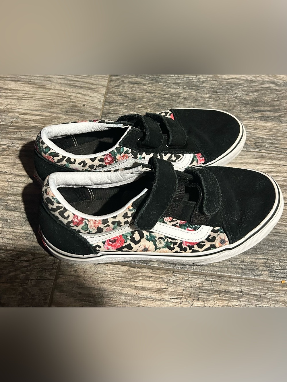 Kids Black Floral Leopard Print Velcro Sneakers